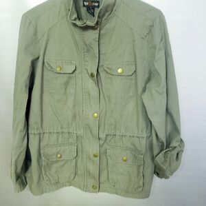 CUTE WOMANS RED SNAP GREEN KHAKI UTILITY JACKET WITH FRONT ZIPPER & SNAPS. SZ XL